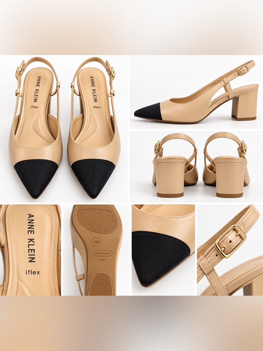Anne Klein Beige and Black Pointed Slingback Pumps